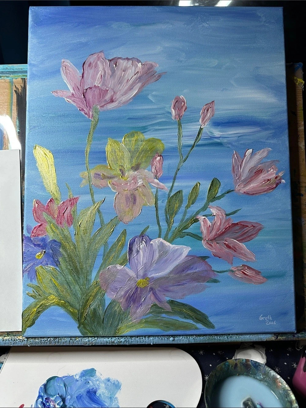 Floral Painting in Blue & Pink